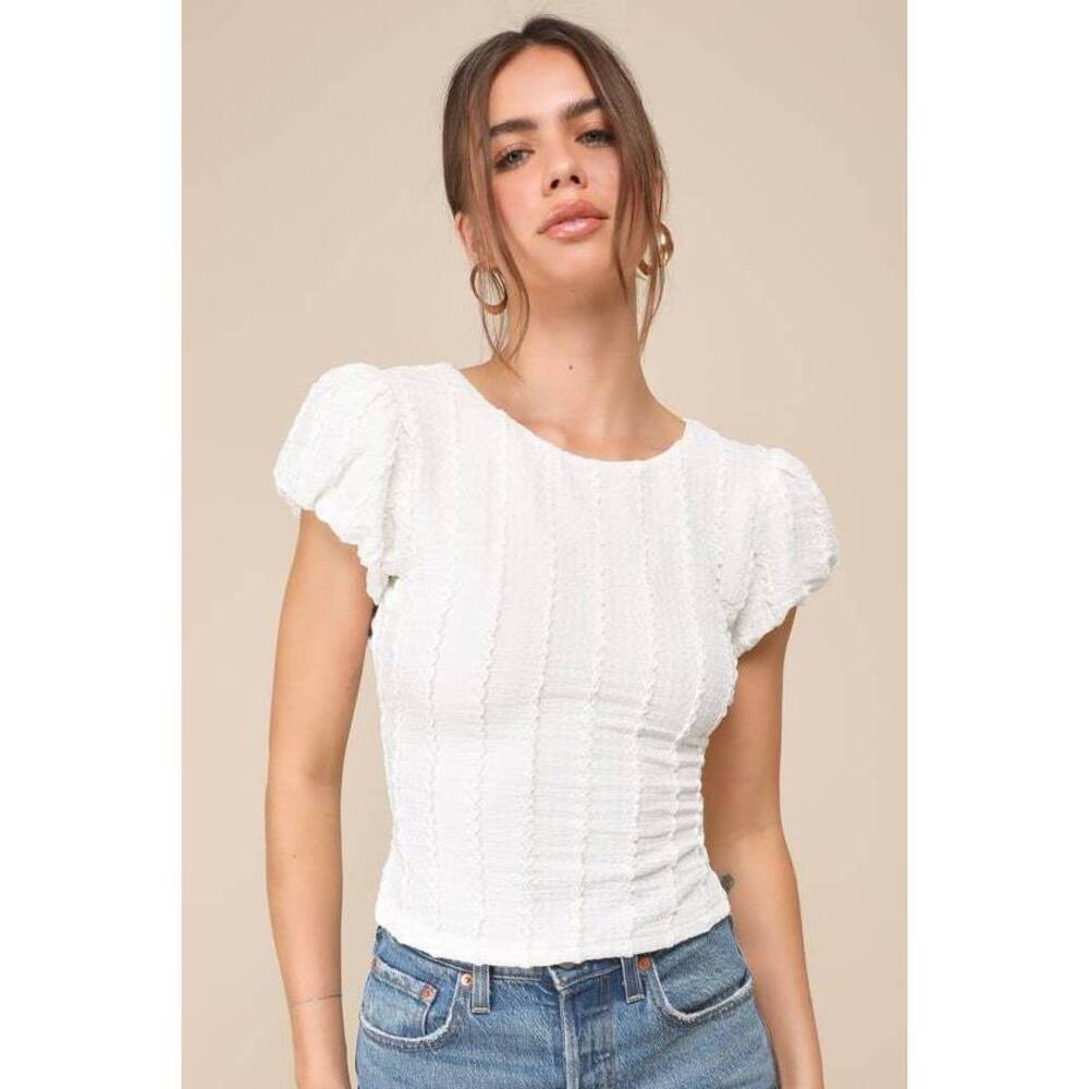 LULUS Truly the Sweetest Ivory Textured Knit Backless Puff Sleeve Top